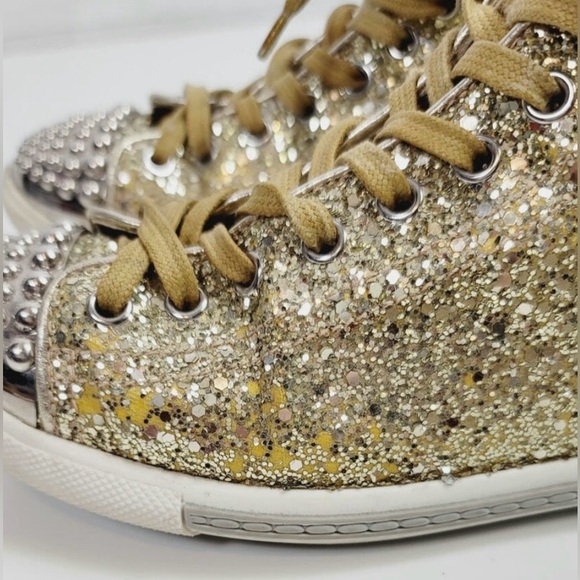 Miu Miu Gold Glitter Studded Sneakers - Picture 6 of 15